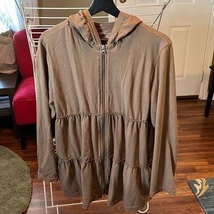 Olive green tiered hoodie with double zippers — sz L — neon buddha